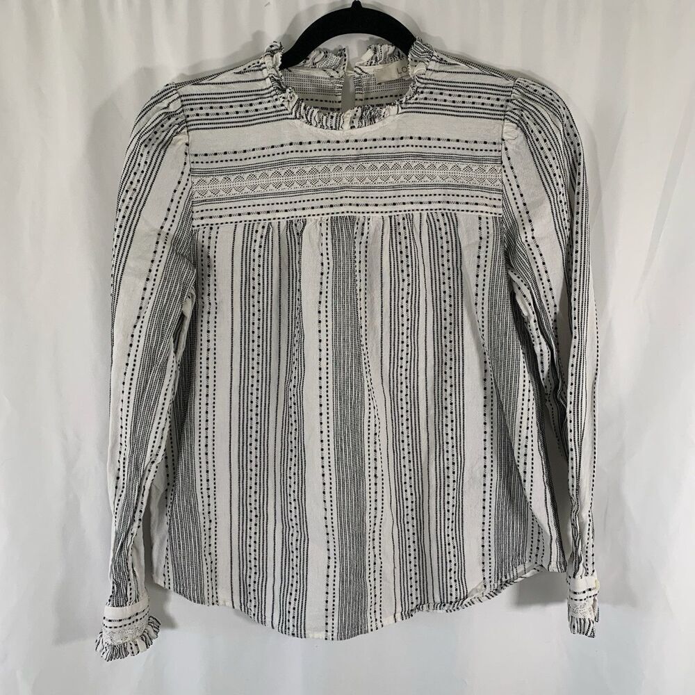 Loft Blouse Women's XS White Black Striped Long Sleeve Lightweight Pullover Cott